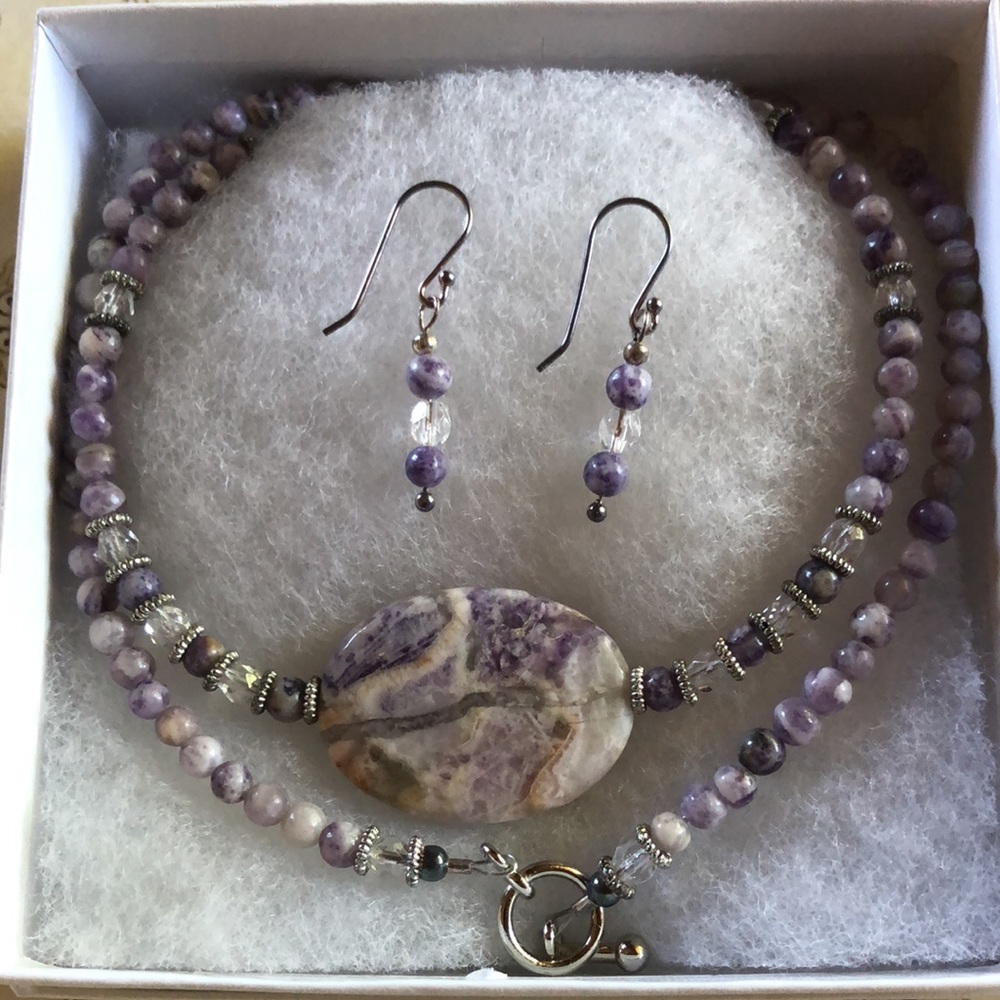 Handmade Charoite bead necklace with matching earrings.  NEW in box.